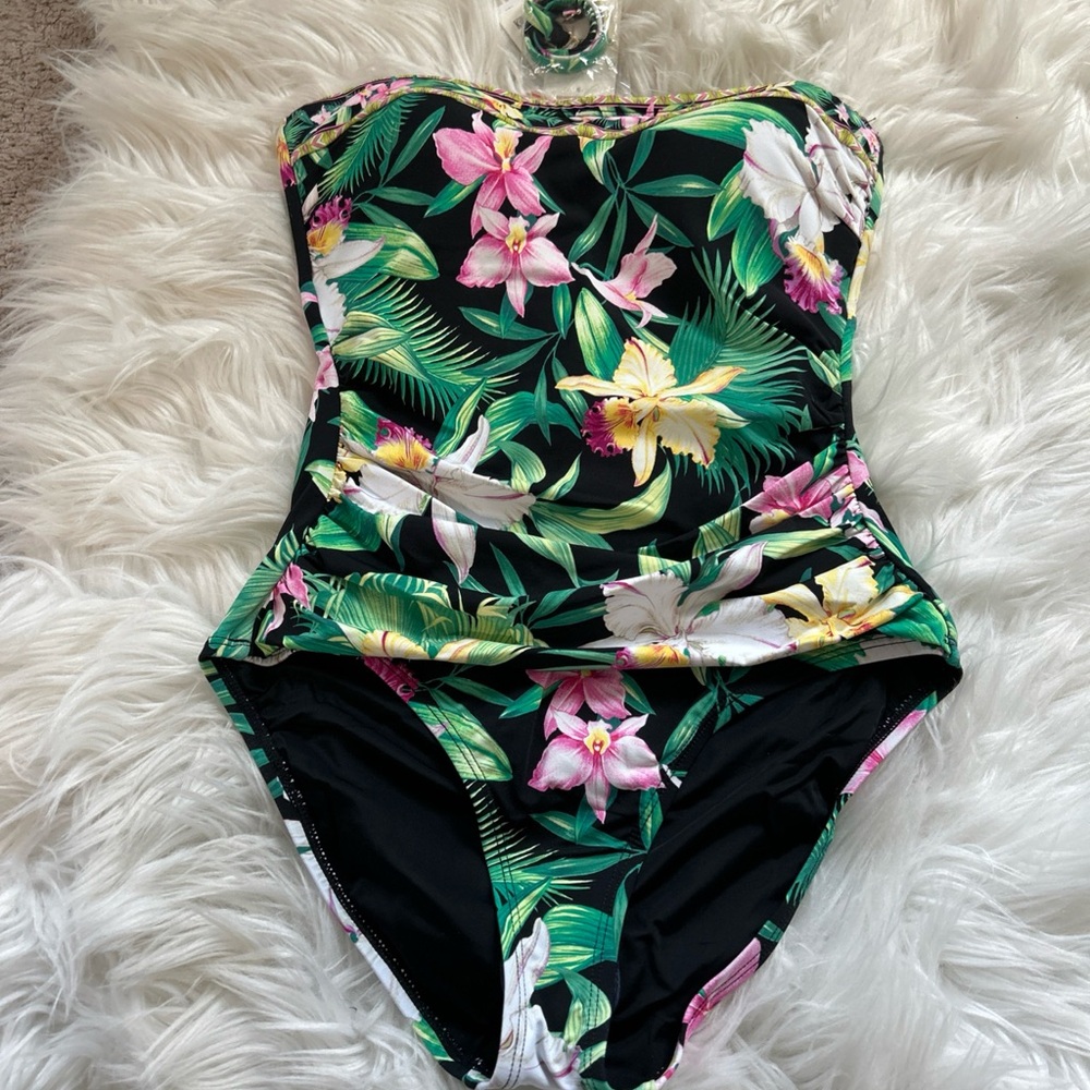 NWT women’s Floral Tropical One-Piece Swimsuit - Black with Pink & Green